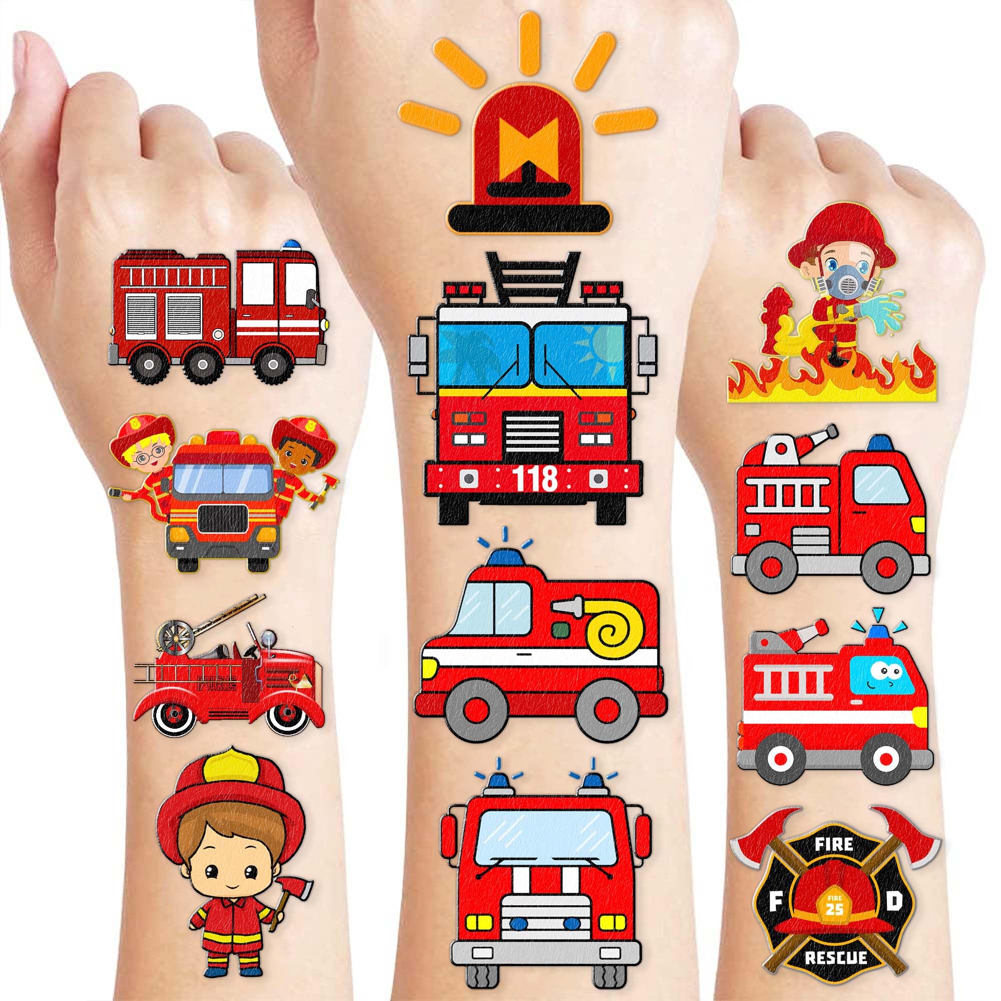 Firetruck tattoo sheet: vibrant fire truck designs for party favors and playtime.