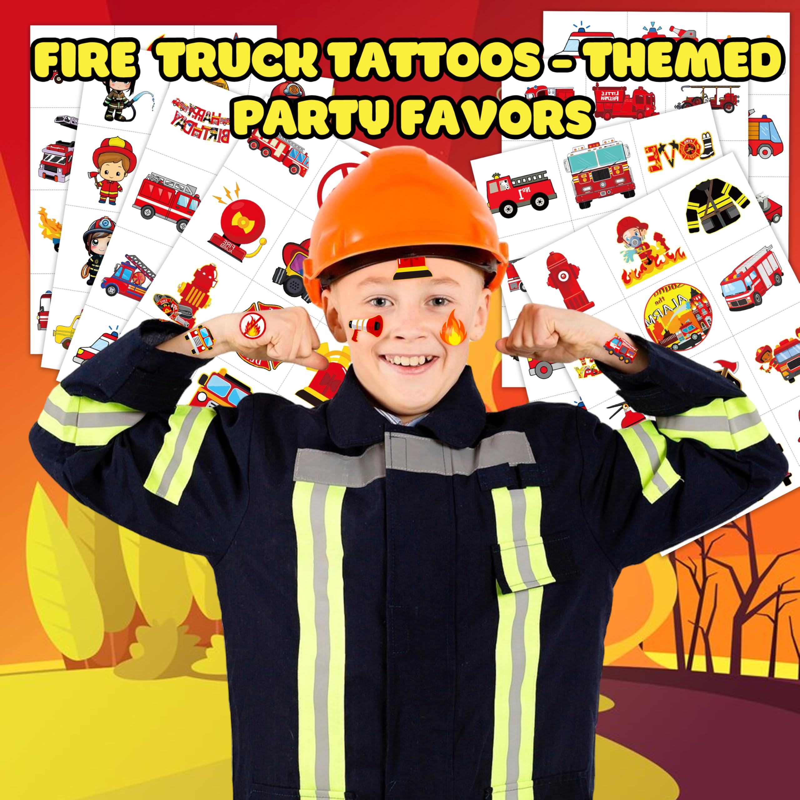 Firetruck tattoo sheet: shield badge designs for reward stickers and loot bags.