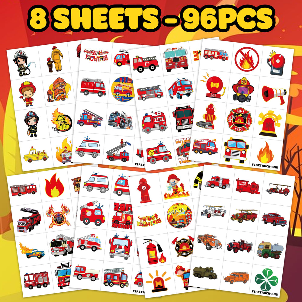 Firetruck tattoo sheet: flame designs to energize themed decorations and crafts.