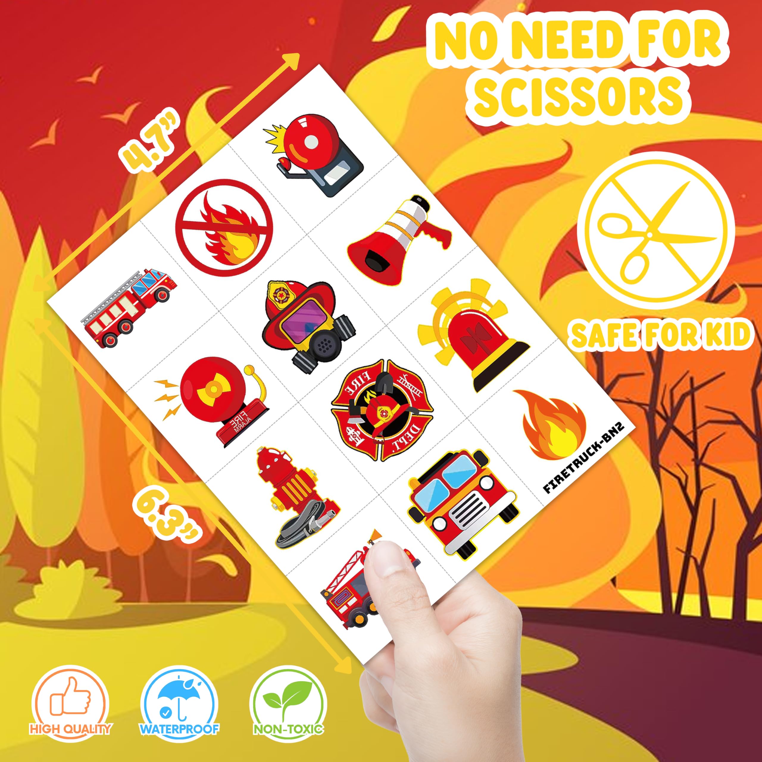 Firetruck tattoo sheet: hydrant designs that pop on skin or gift bags.