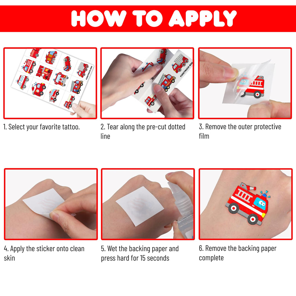 Firetruck tattoo sheet: easy-to-apply designs for quick party activities and rewards.