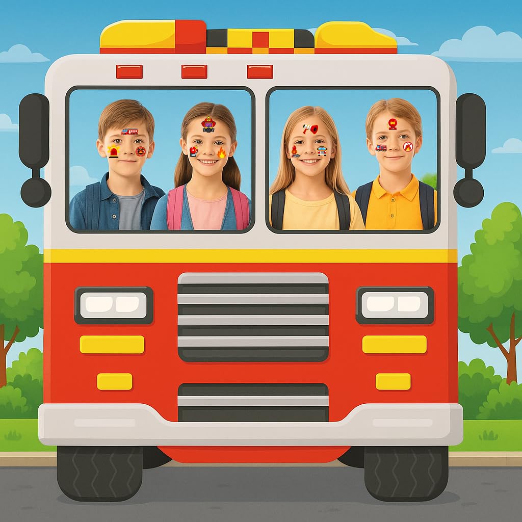 Firetruck tattoo sheet: skin-friendly options suitable for kids of all ages.