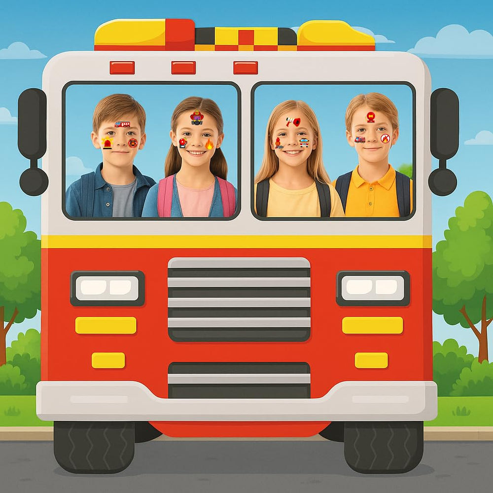 Firetruck tattoo sheet: skin-friendly options suitable for kids of all ages.