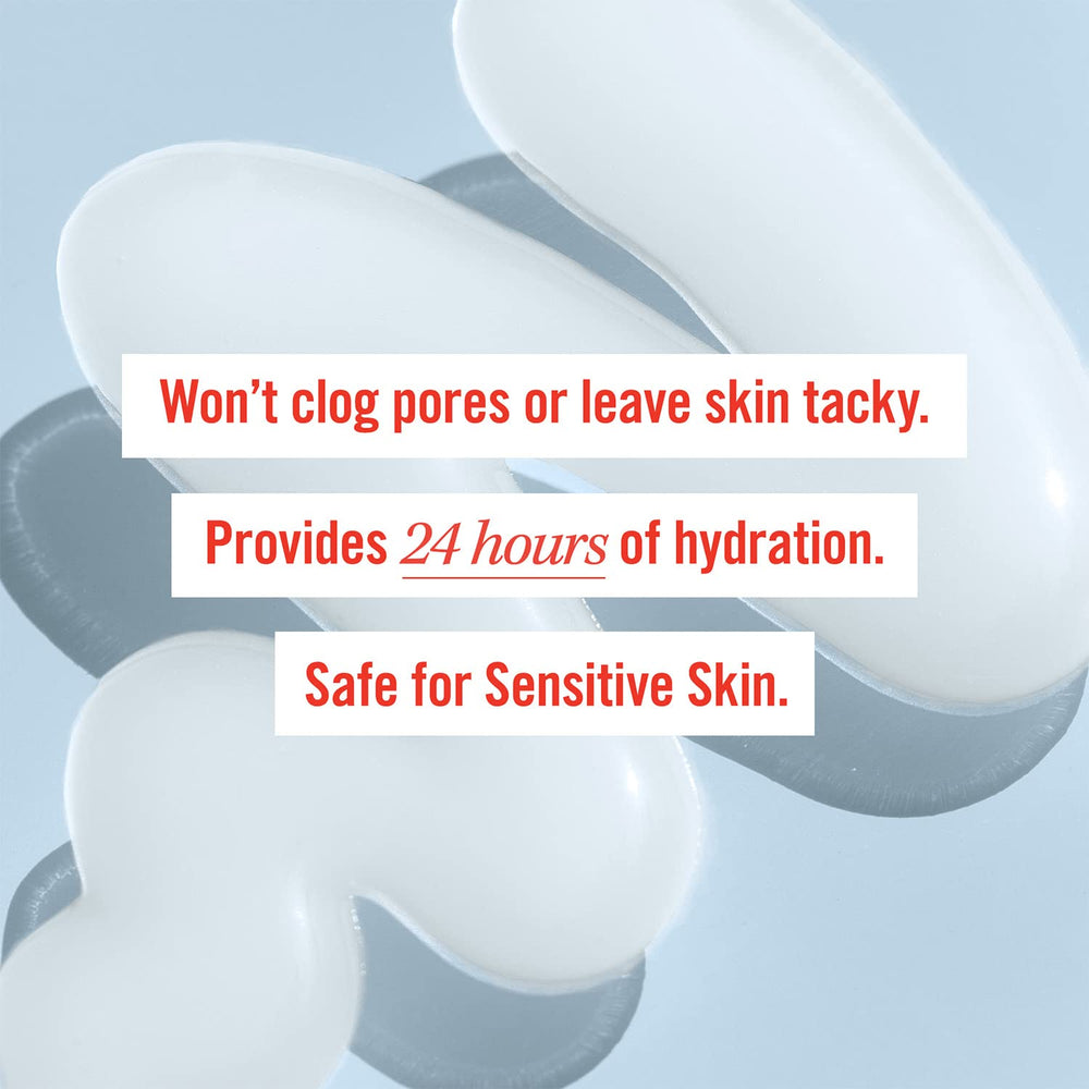 First Aid Beauty 24-hour hydration claim illustrated with dewy skin in lifestyle shot.