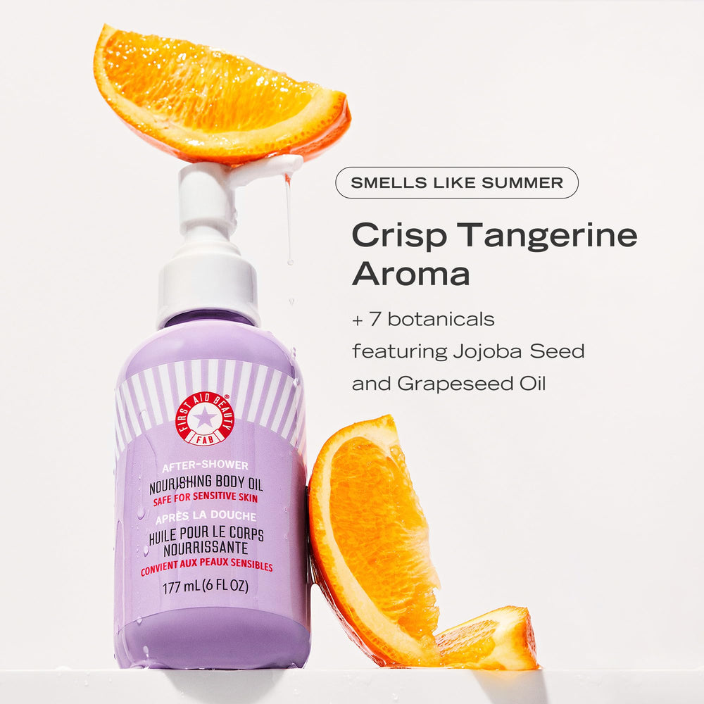 First Aid Beauty oil pour demonstrates easy post-shower hydration