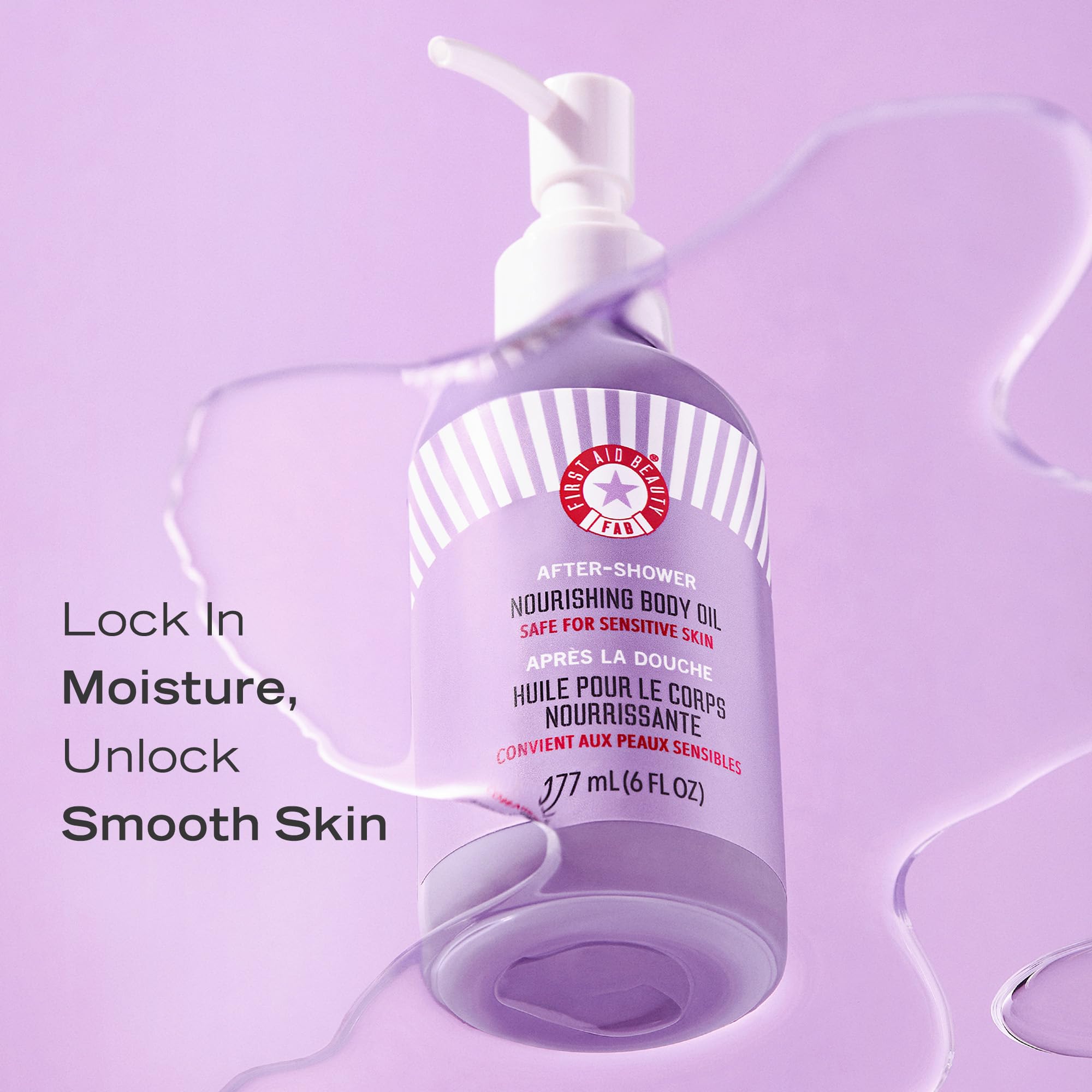 Silky texture close-up of First Aid Beauty oil on skin absorbing quickly
