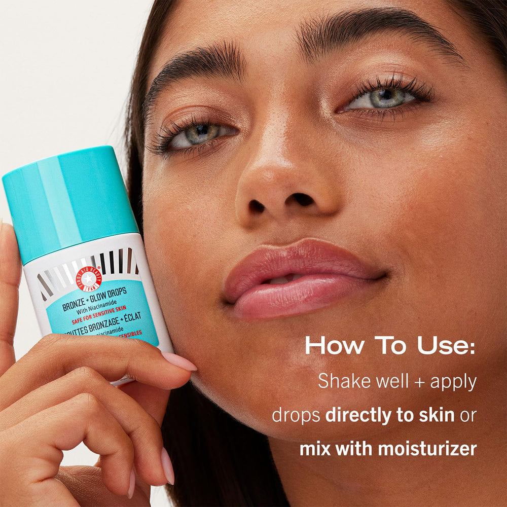 First Aid Beauty Bronze + Glow Drops after-application reveals dewy finish.