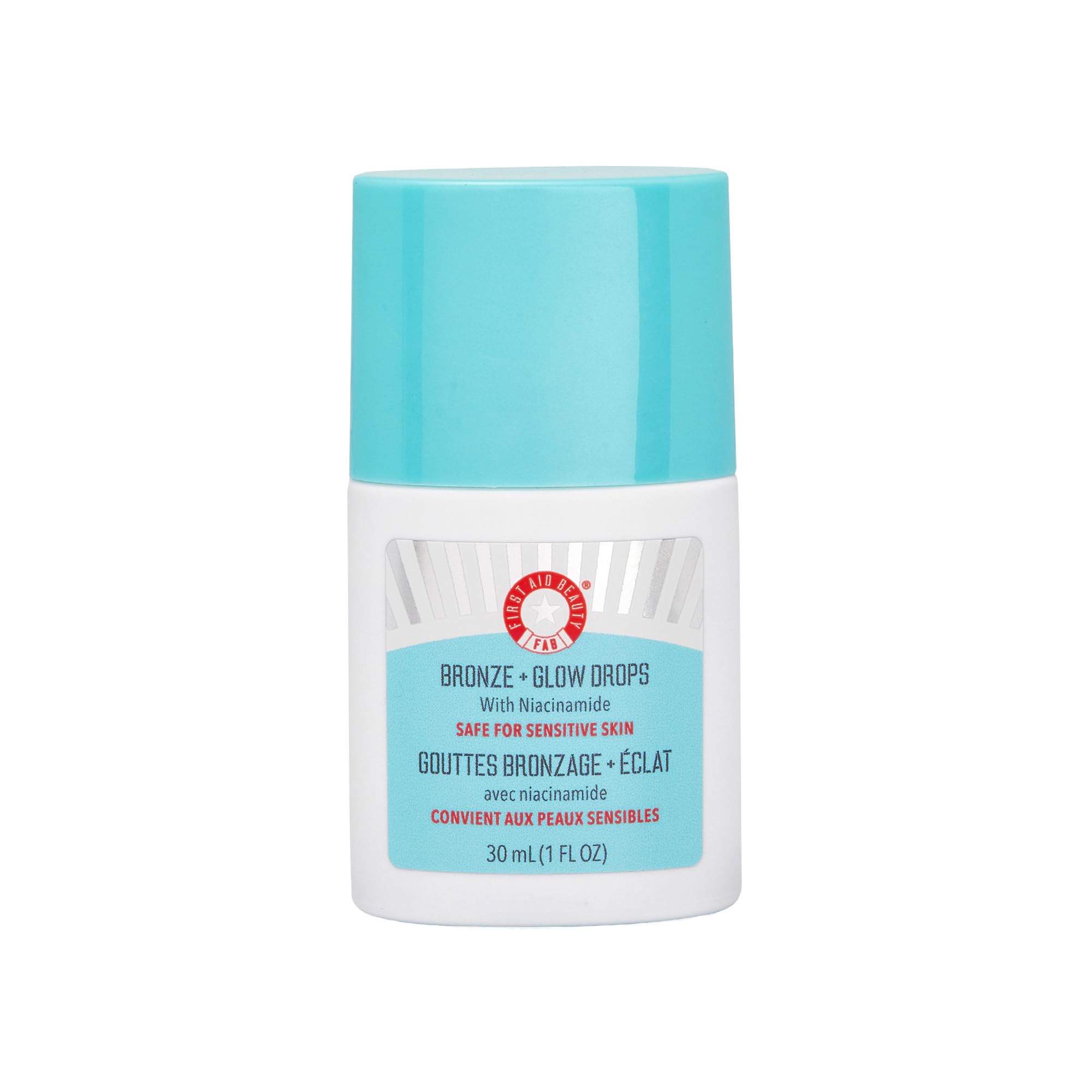 First Aid Beauty Bronze + Glow Drops bottle-pour showcases easy dispensing for instant glow.