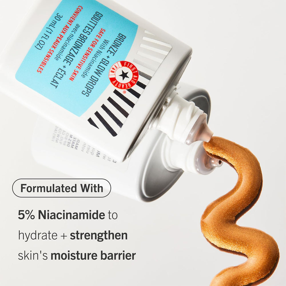 First Aid Beauty Bronze + Glow Drops closeup-packaging reveals vegan, lightweight formula.