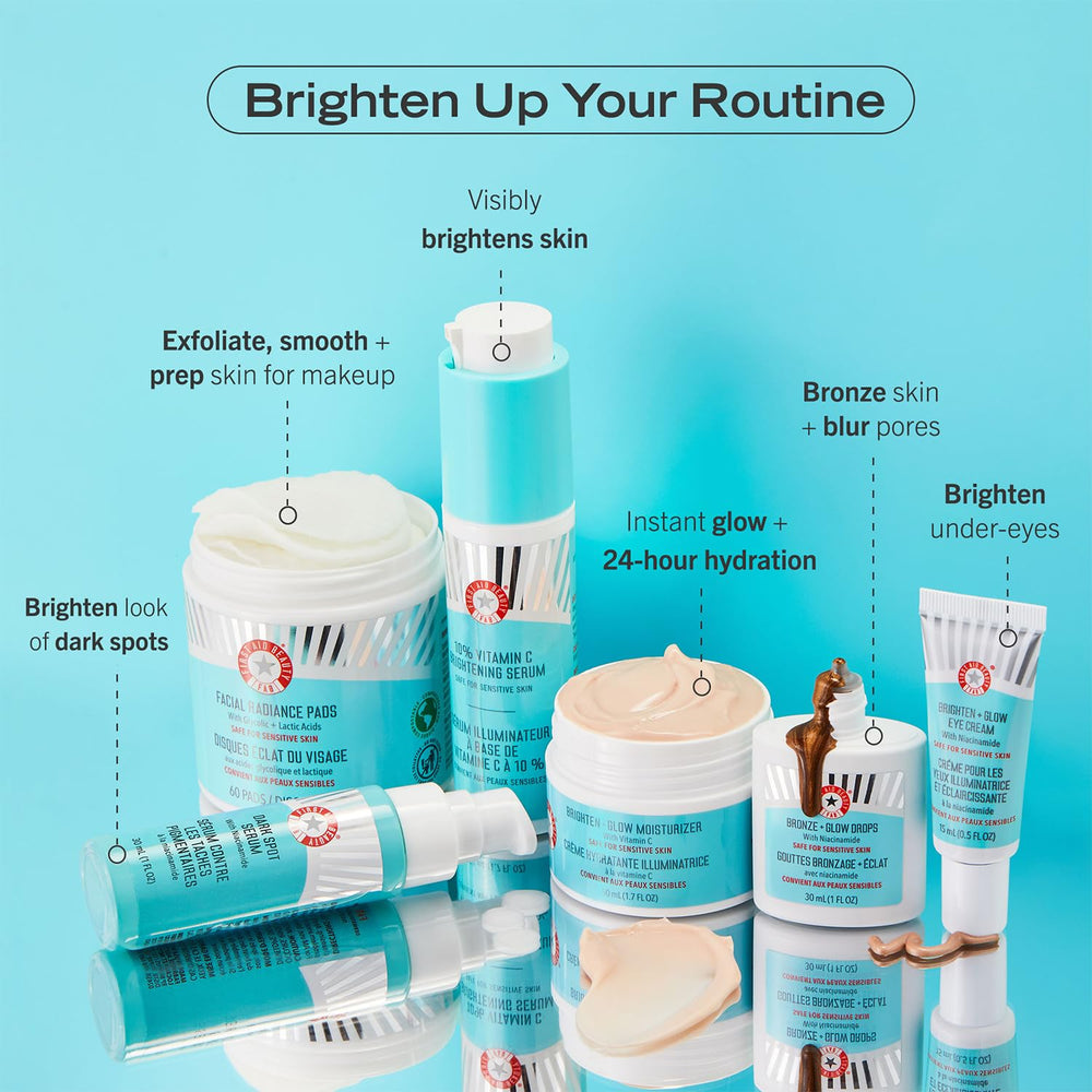 First Aid Beauty Bronze + Glow Drops hydration-barrier hints at lasting moisture.