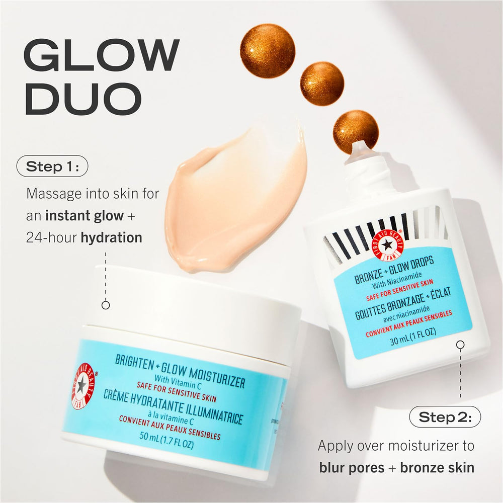 First Aid Beauty Bronze + Glow Drops skin-tone-evening suggests a soft bronzed effect.