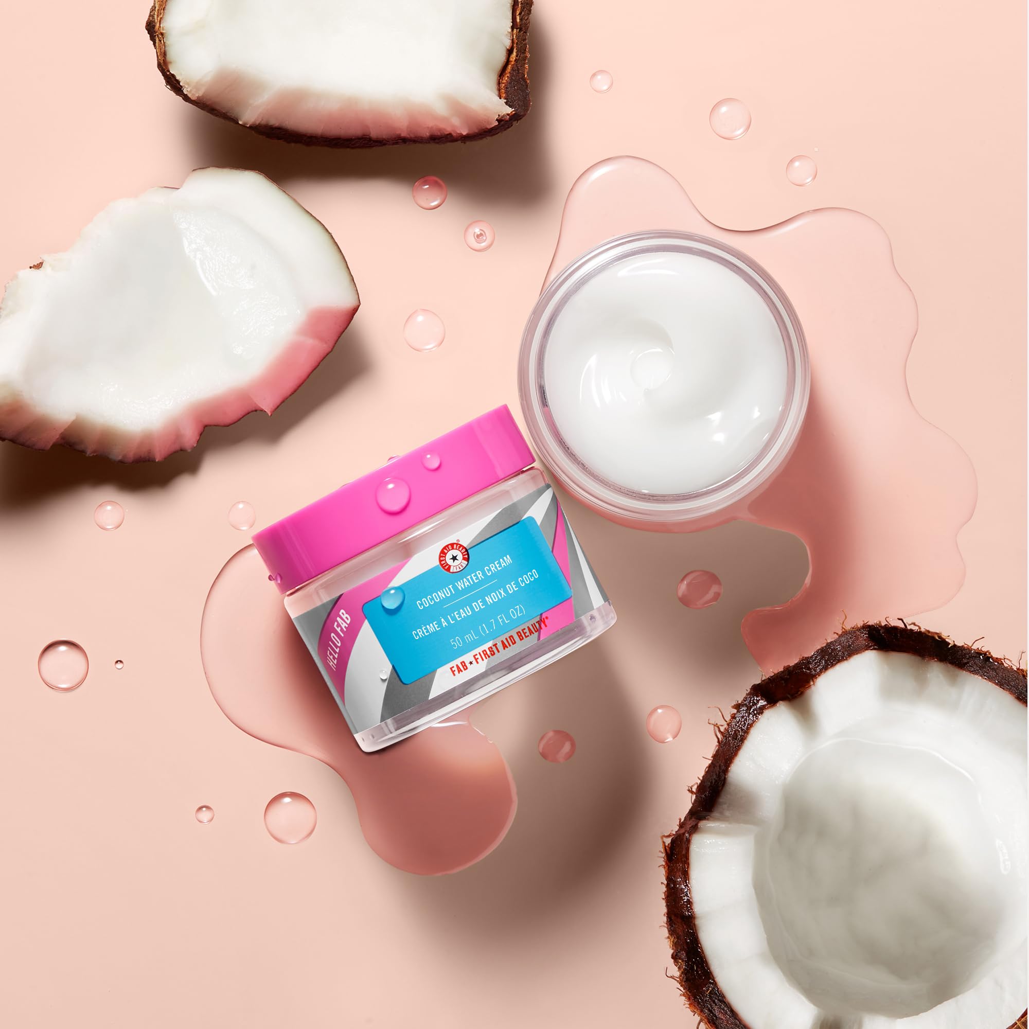First Aid Beauty Coconut Water Cream bottle on shelf in compact size.