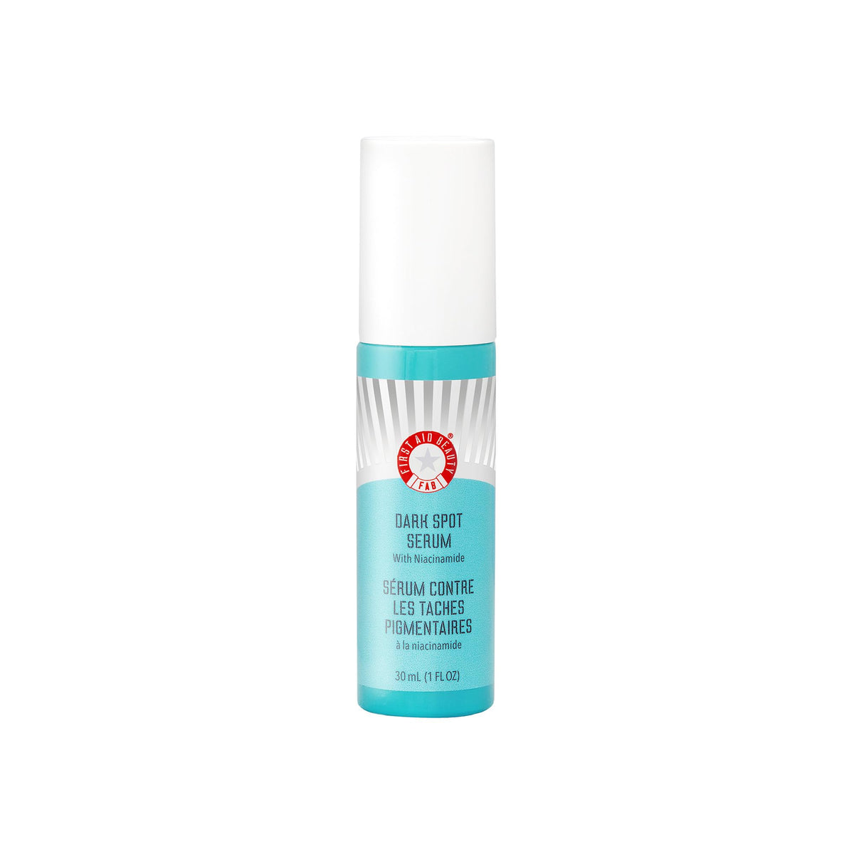 First Aid Beauty dark spot serum niacinamide bottle highlights brightening potential for uneven skin tone.