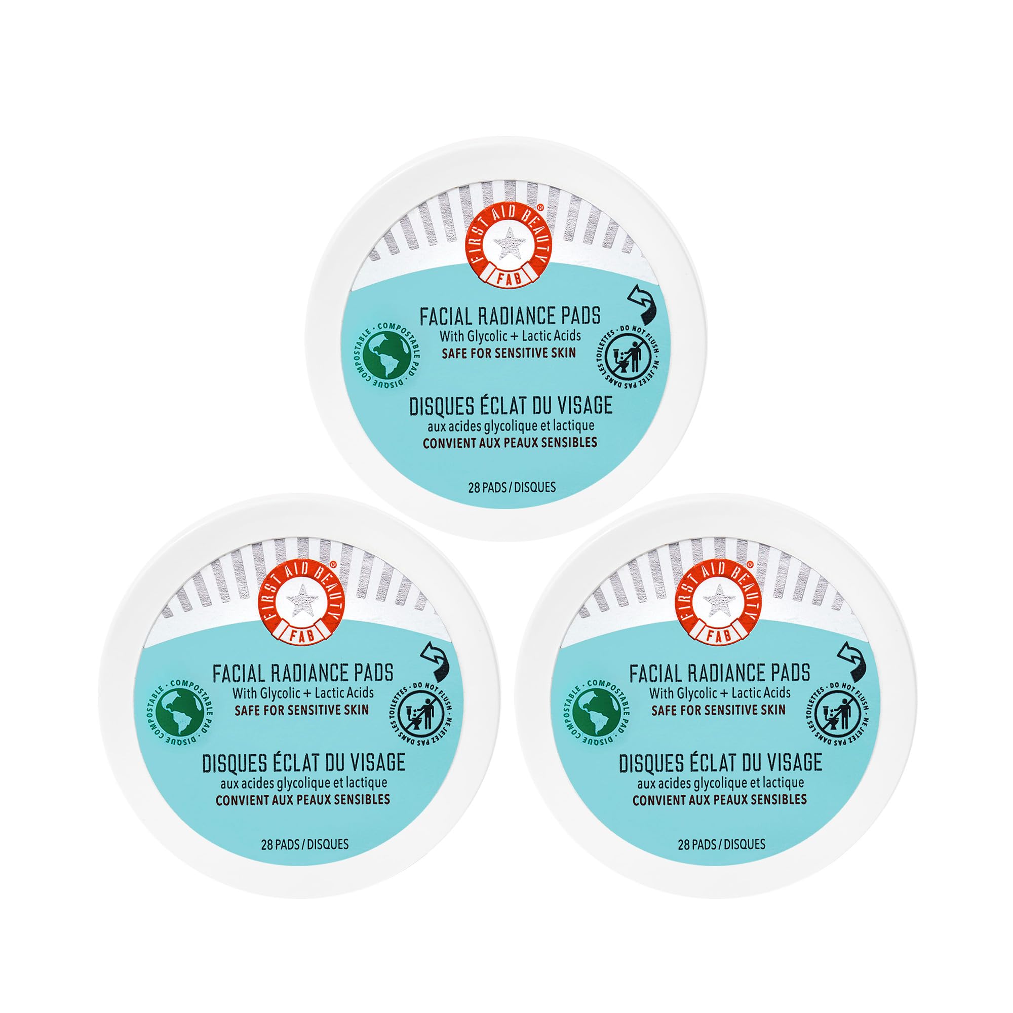 First Aid Beauty facial radiance pads packaging highlights compostable, eco-friendly design.
