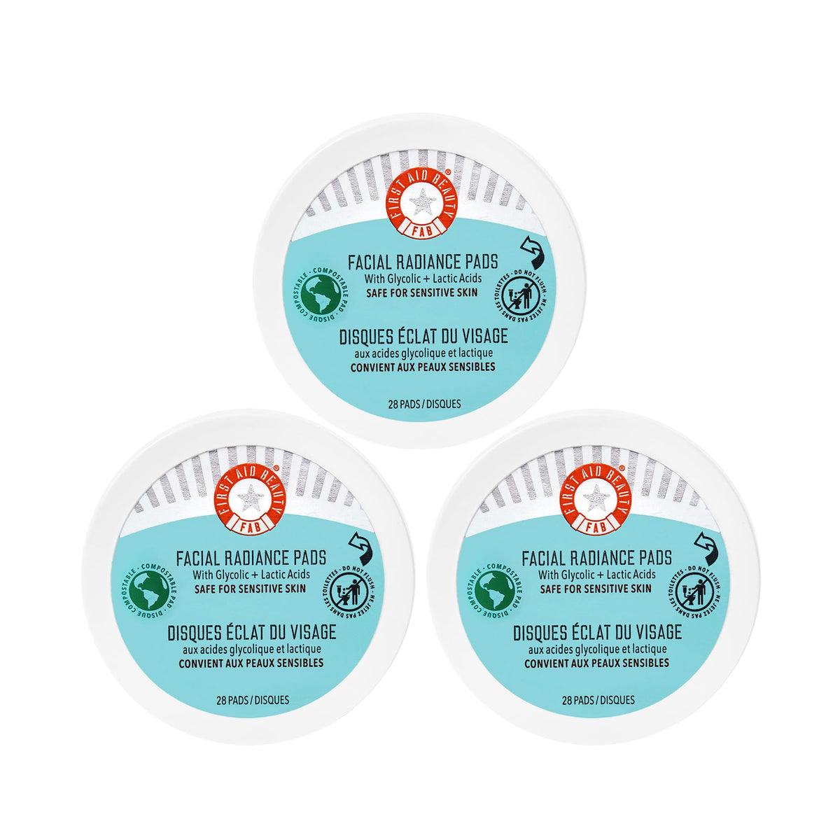 First Aid Beauty facial radiance pads packaging highlights compostable, eco-friendly design.