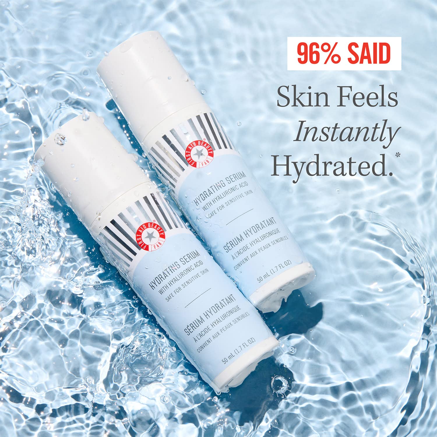 First Aid Beauty hyaluronic-acid and squalane serum on skin illustrating plump, dewy look.
