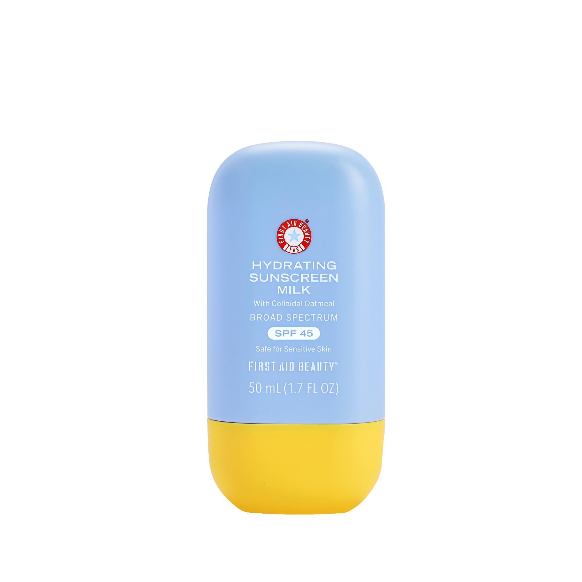 First Aid Beauty Hydrating Sunscreen Milk bottle front showing silky SPF protection.