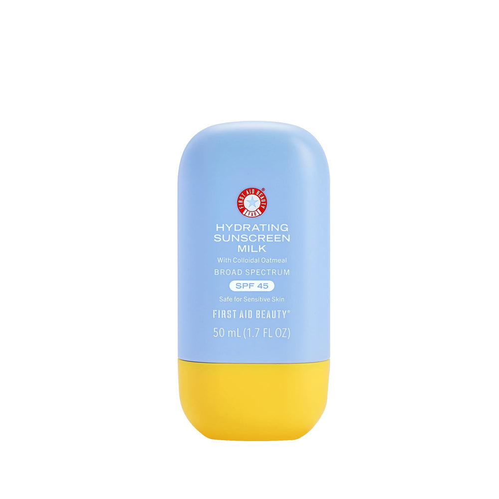 First Aid Beauty Hydrating Sunscreen Milk bottle front showing silky SPF protection.