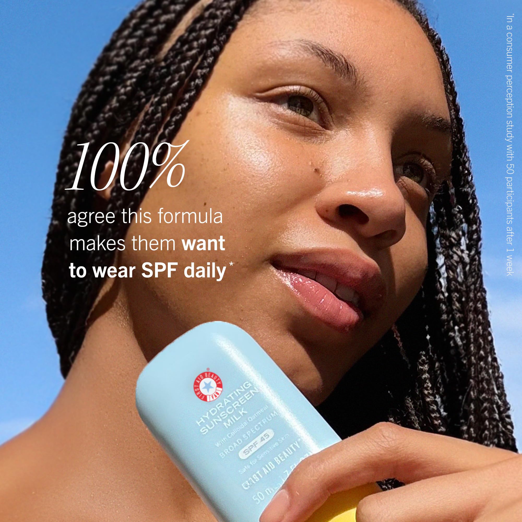 First Aid Beauty Hydrating Sunscreen Milk shows no white cast on skin.