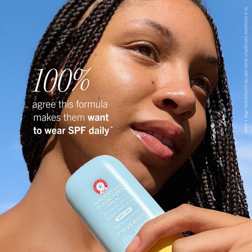 First Aid Beauty Hydrating Sunscreen Milk shows no white cast on skin.