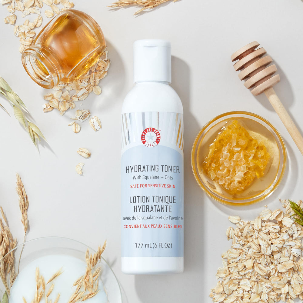 First Aid Beauty hydrating toner milky texture close-up highlights creamy consistency.