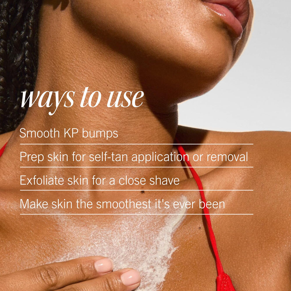 First Aid Beauty KP Bump Eraser pumice beads lift dead skin gently.