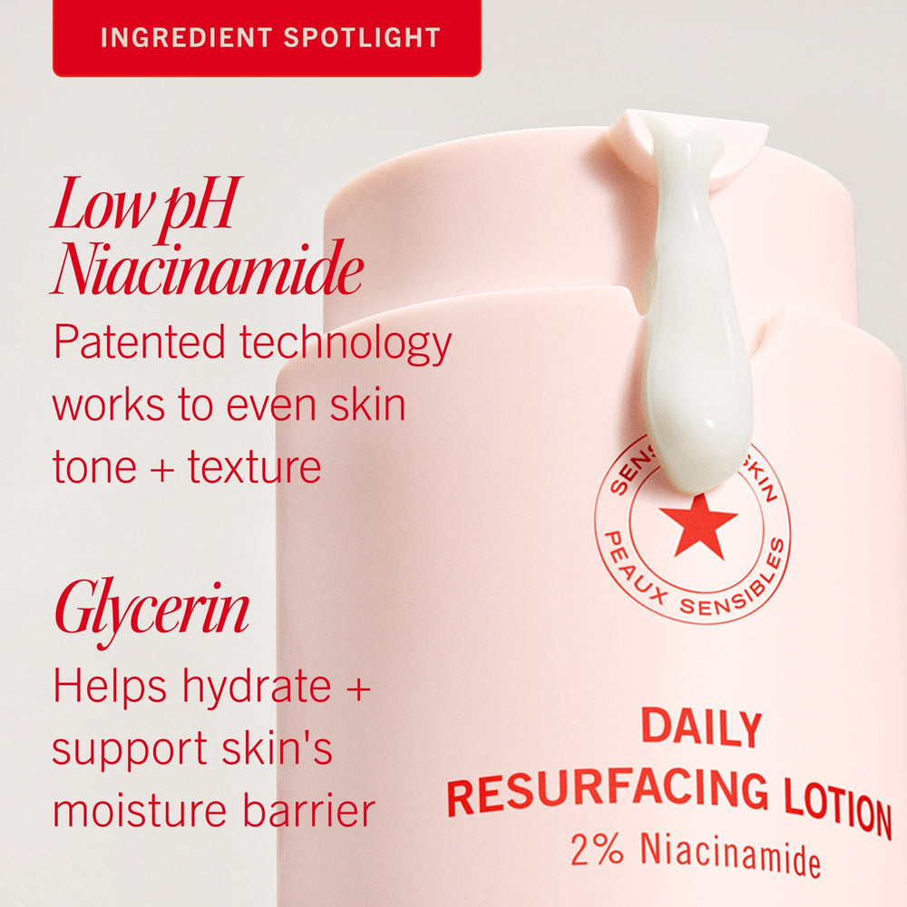 Label close-up featuring 2% niacinamide and low pH formula.