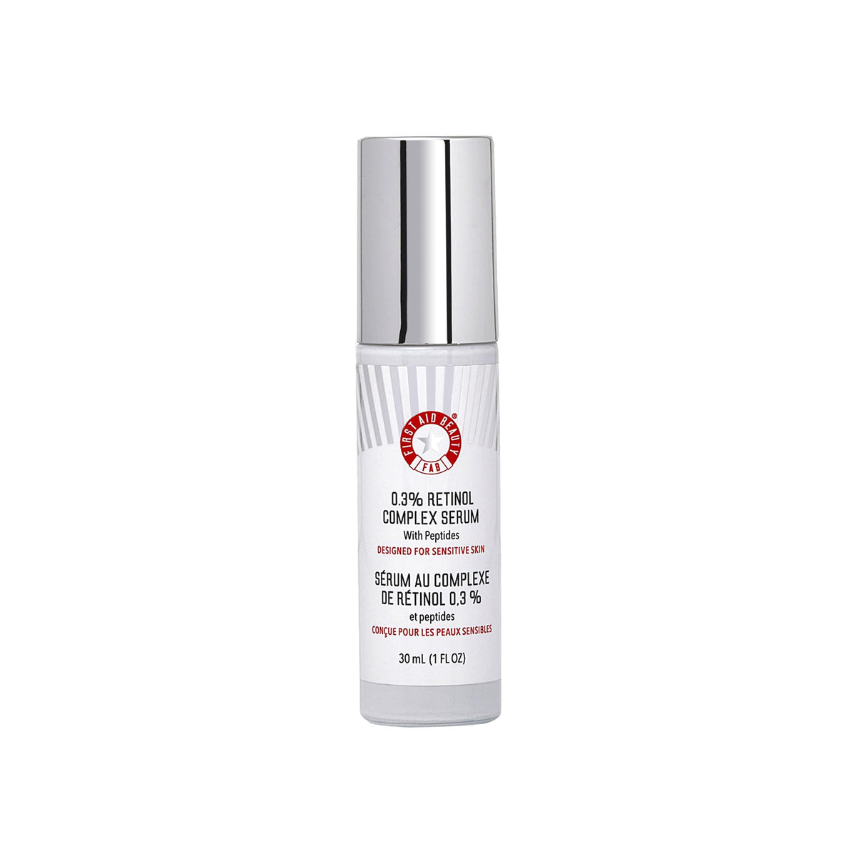 First Aid Beauty Retinol Complex Serum bottle on bathroom counter, gentle for sensitive skin.