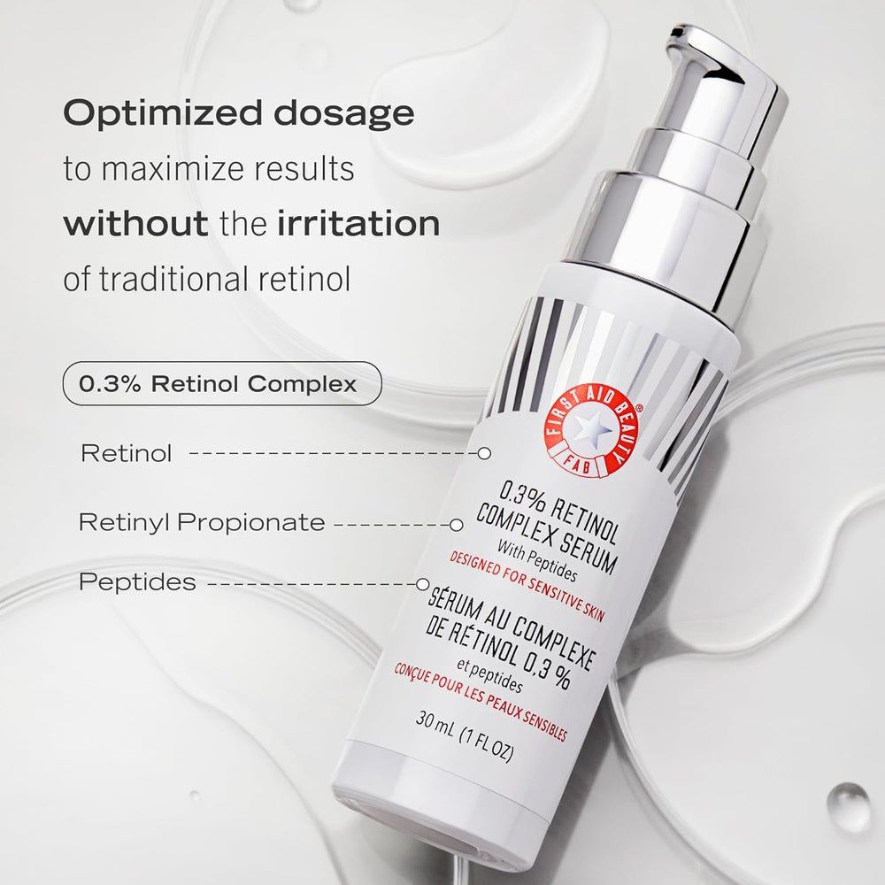 First Aid Beauty Retinol Complex Serum vegan icon on packaging, cruelty-free approach.