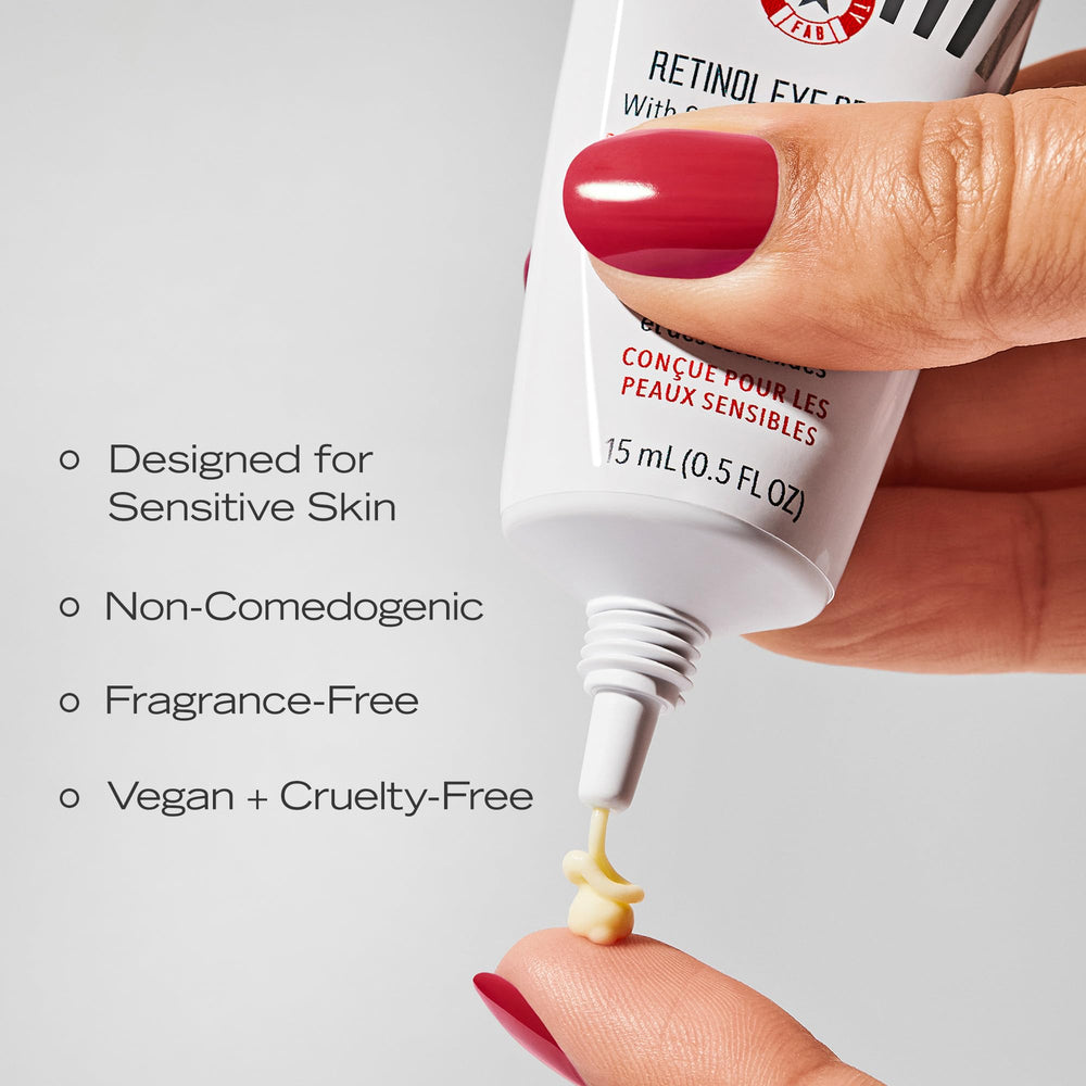 Swatch of First Aid Beauty Retinol Eye Cream applied under the eye for daytime use.
