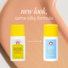 First Aid Beauty satin finish close-up illustrates soft blur on skin.