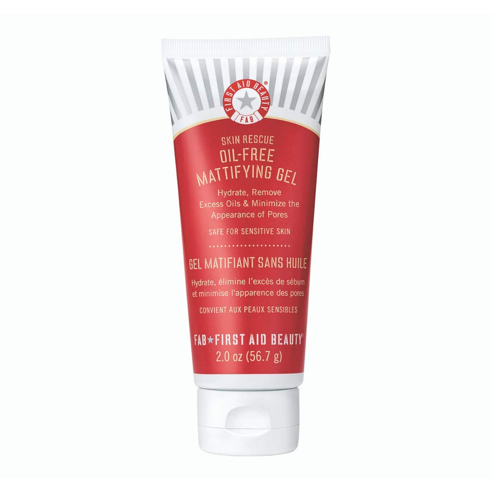 First Aid Beauty Skin Rescue Gel bottle front showing oil-control action for a matte look.