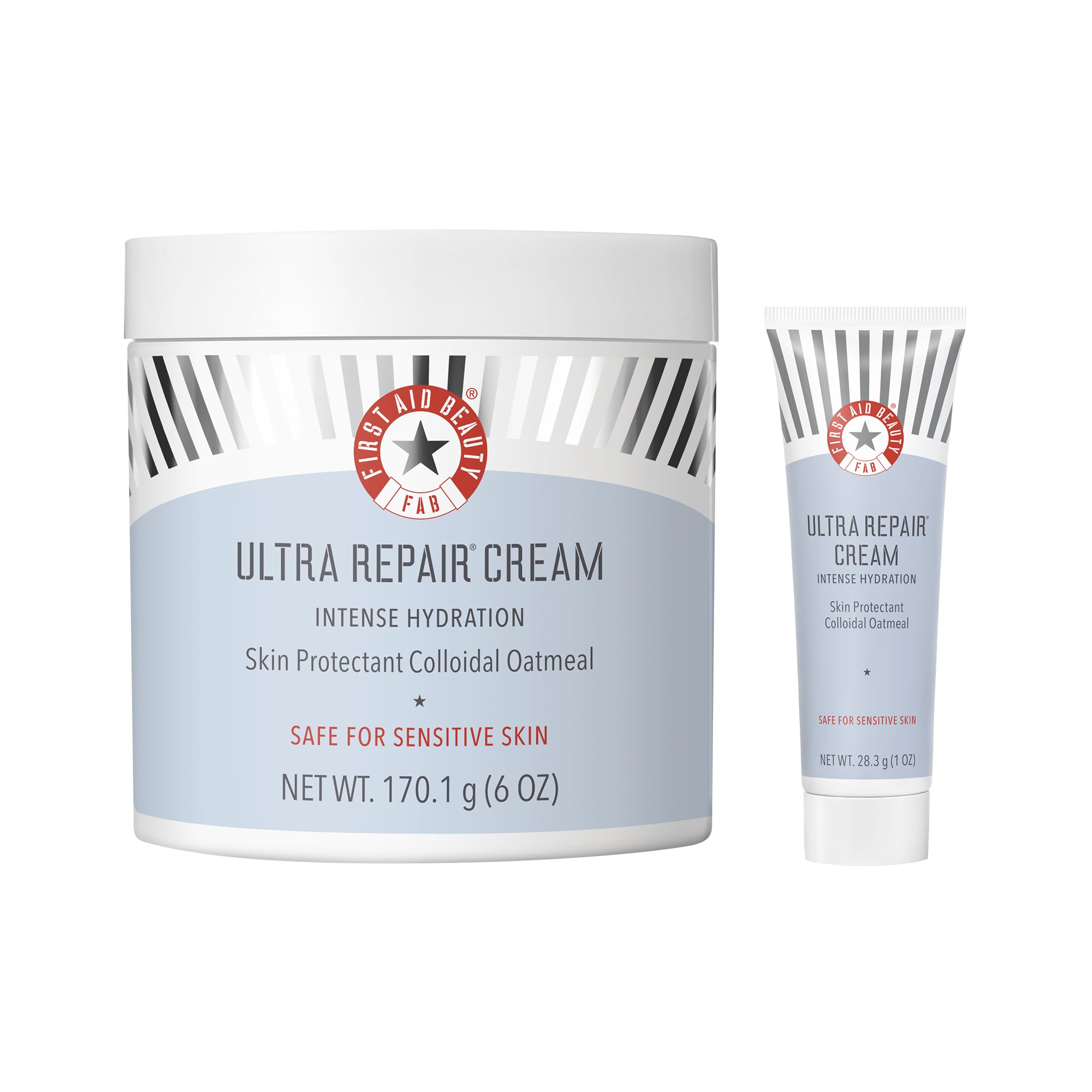First Aid Beauty Ultra Repair Cream bottle closeup showing rich hydration for dry skin.