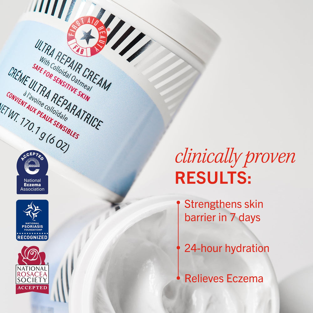 Front view of First Aid Beauty Ultra Repair Cream bottle highlights soothing hydration