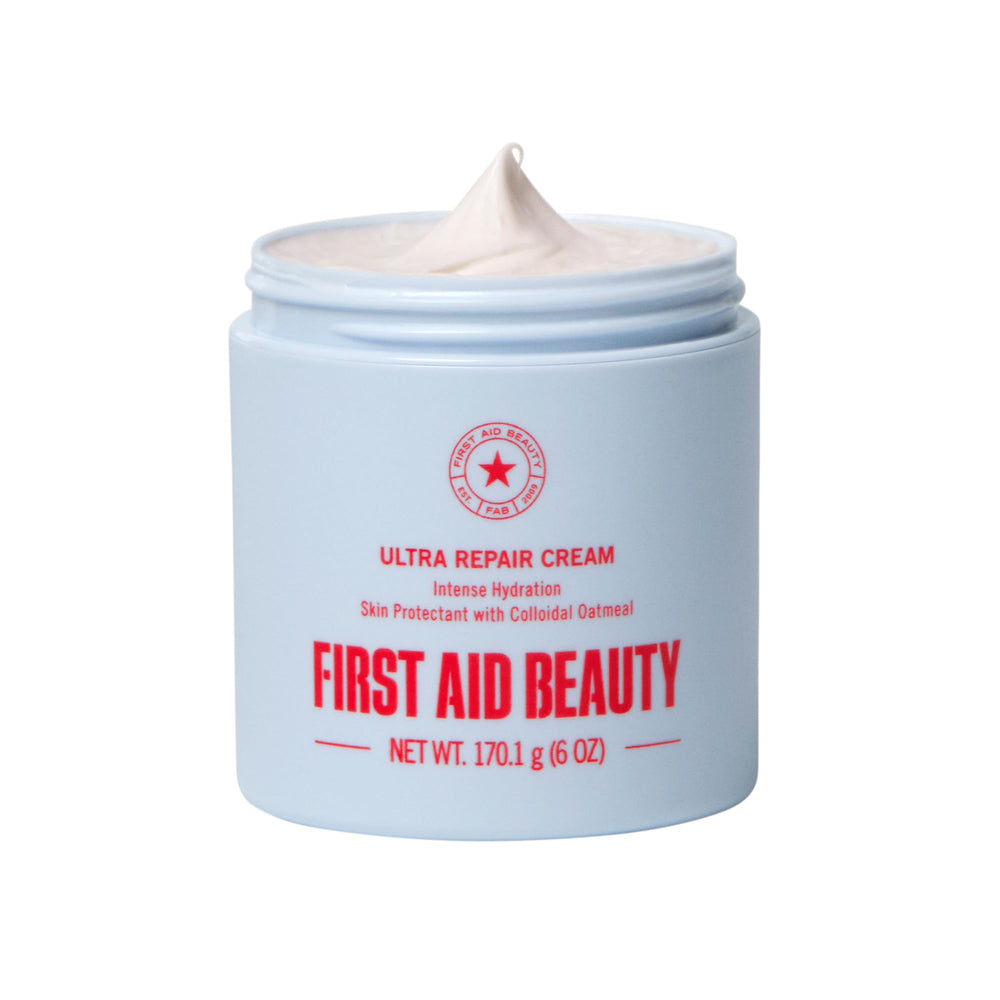 First Aid Beauty Ultra Repair Cream bottle pour delivers 24-hour hydration.