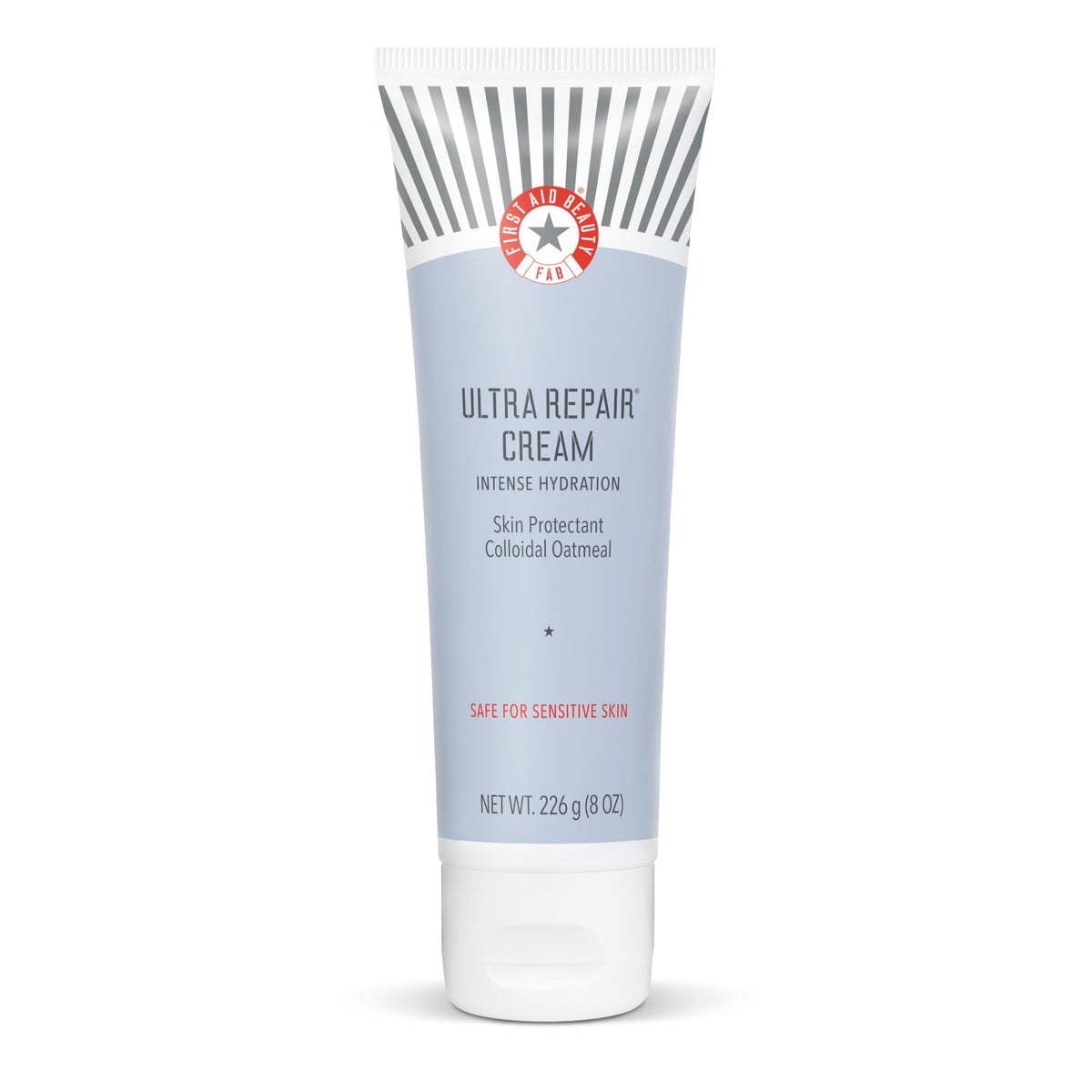 First Aid Beauty Ultra Repair Cream jar closeup showing rich, fast-absorbing hydration.