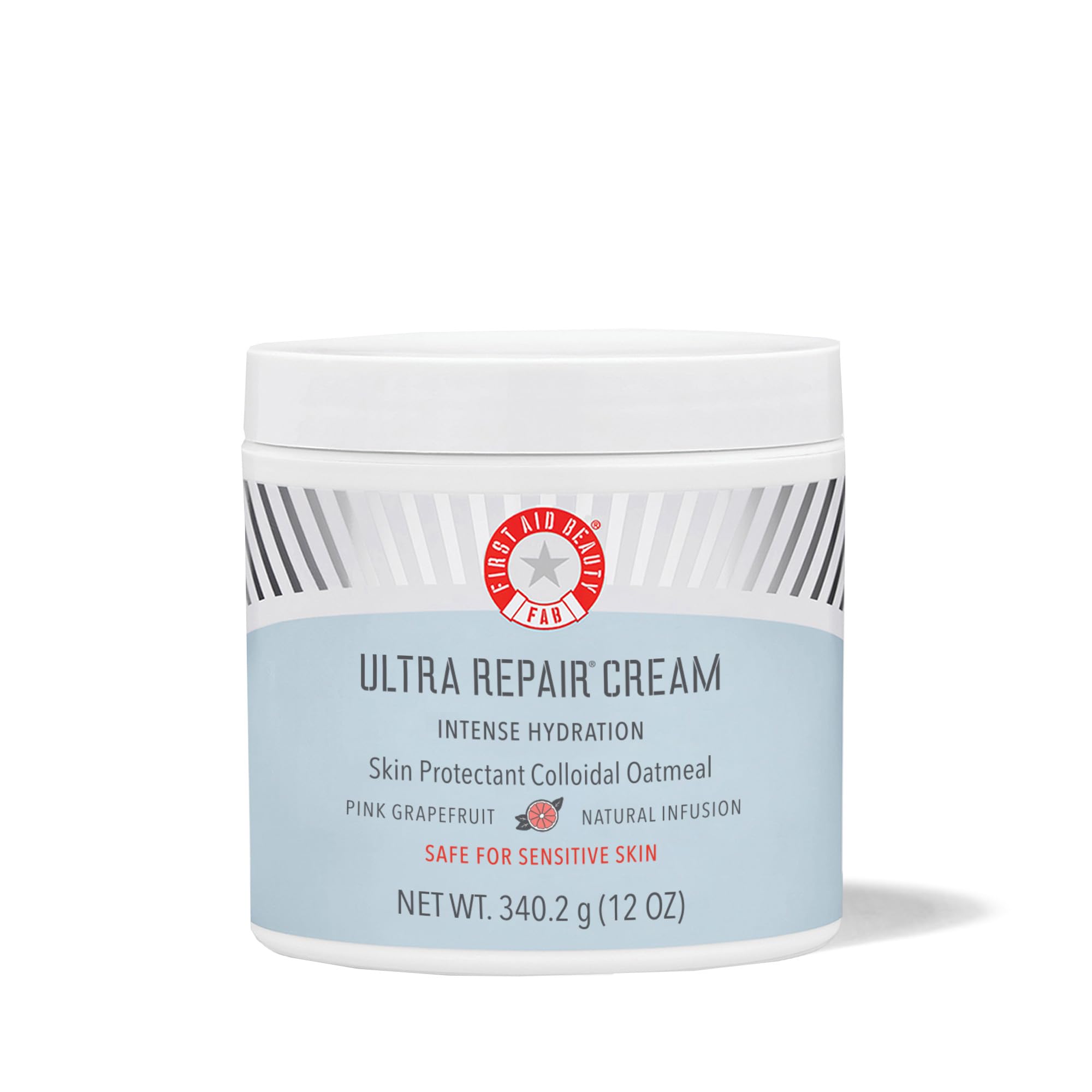 First Aid Beauty Ultra Repair Cream jar closeup showing rich hydration for dry skin relief