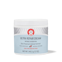 First Aid Beauty Ultra Repair Cream jar closeup showing rich hydration for dry skin relief