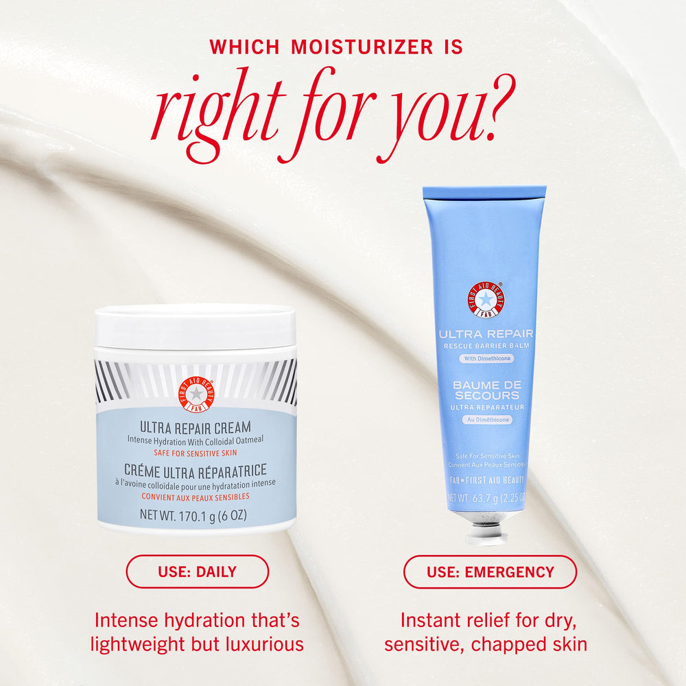 First Aid Beauty Ultra Repair Cream jar on shelf in full bundle setting.
