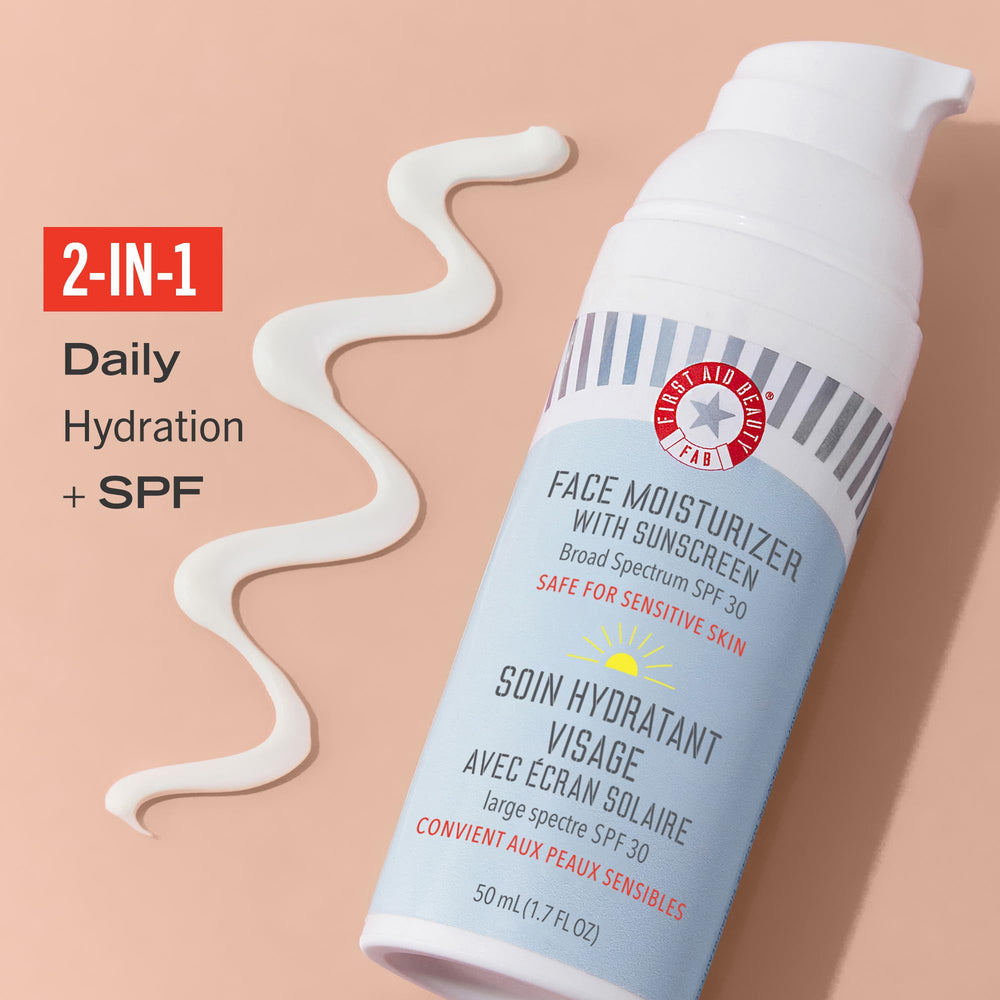 First Aid Beauty Ultra Repair SPF 30 label close-up highlights protection