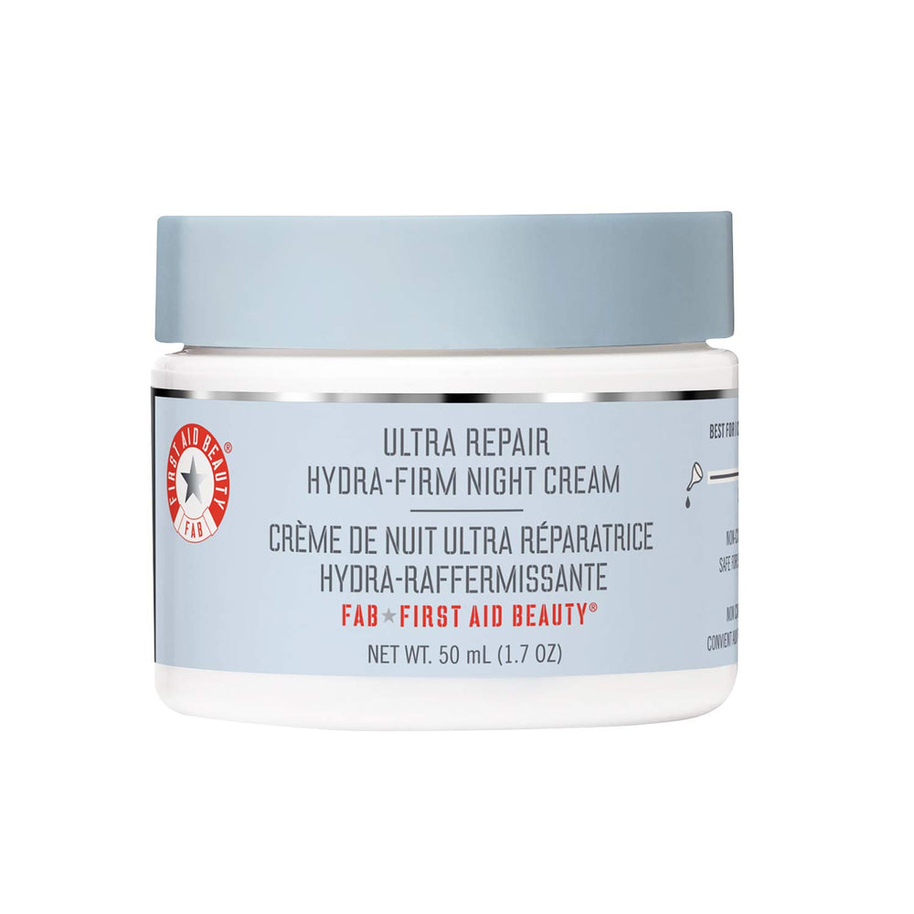 First Aid Beauty Ultra Repair Hydra-Firm Night Cream jar close-up shows rich hydration for nightly repair.