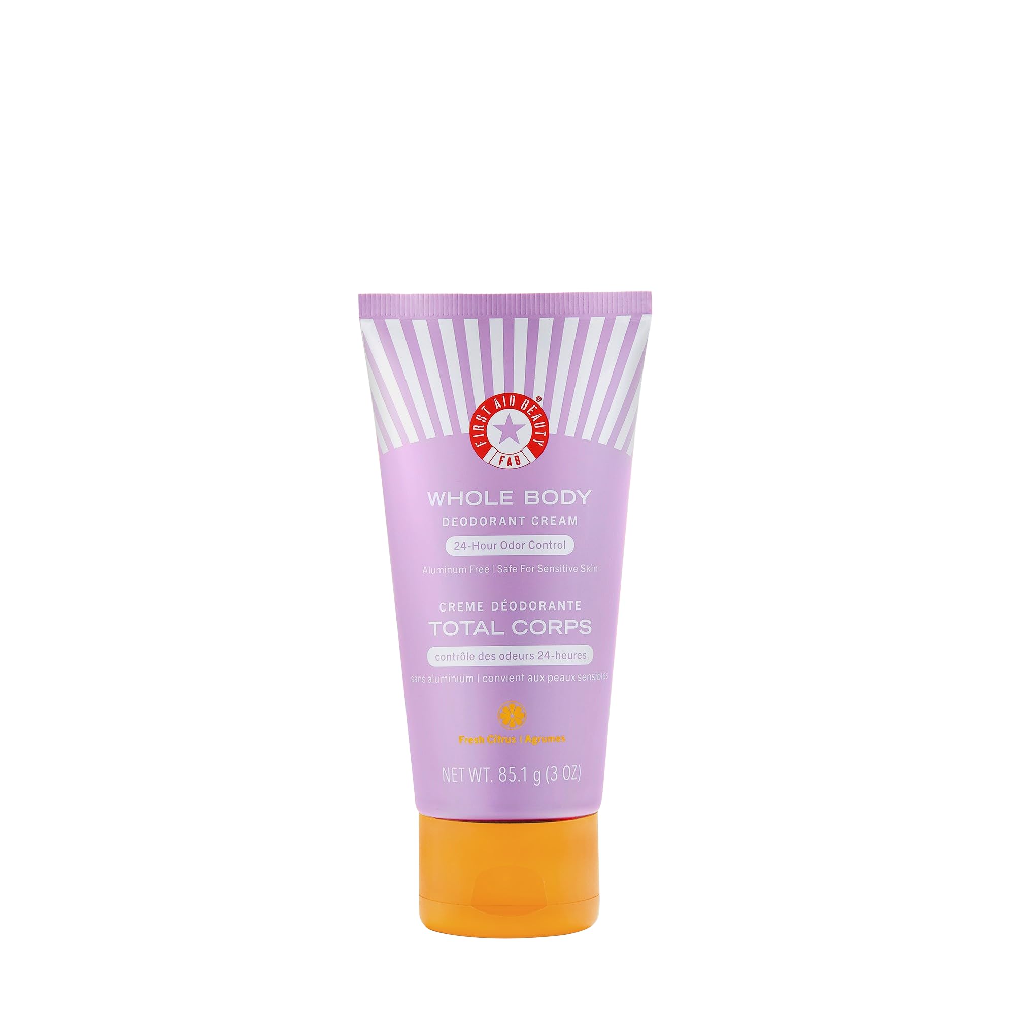 First Aid Beauty Whole Body Deodorant Cream packaging close-up showing aluminum-free formula for all-day use.