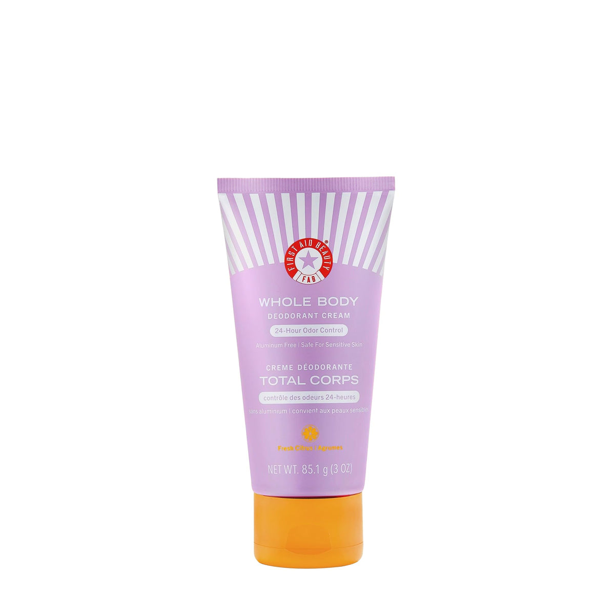 First Aid Beauty Whole Body Deodorant Cream packaging close-up showing aluminum-free formula for all-day use.