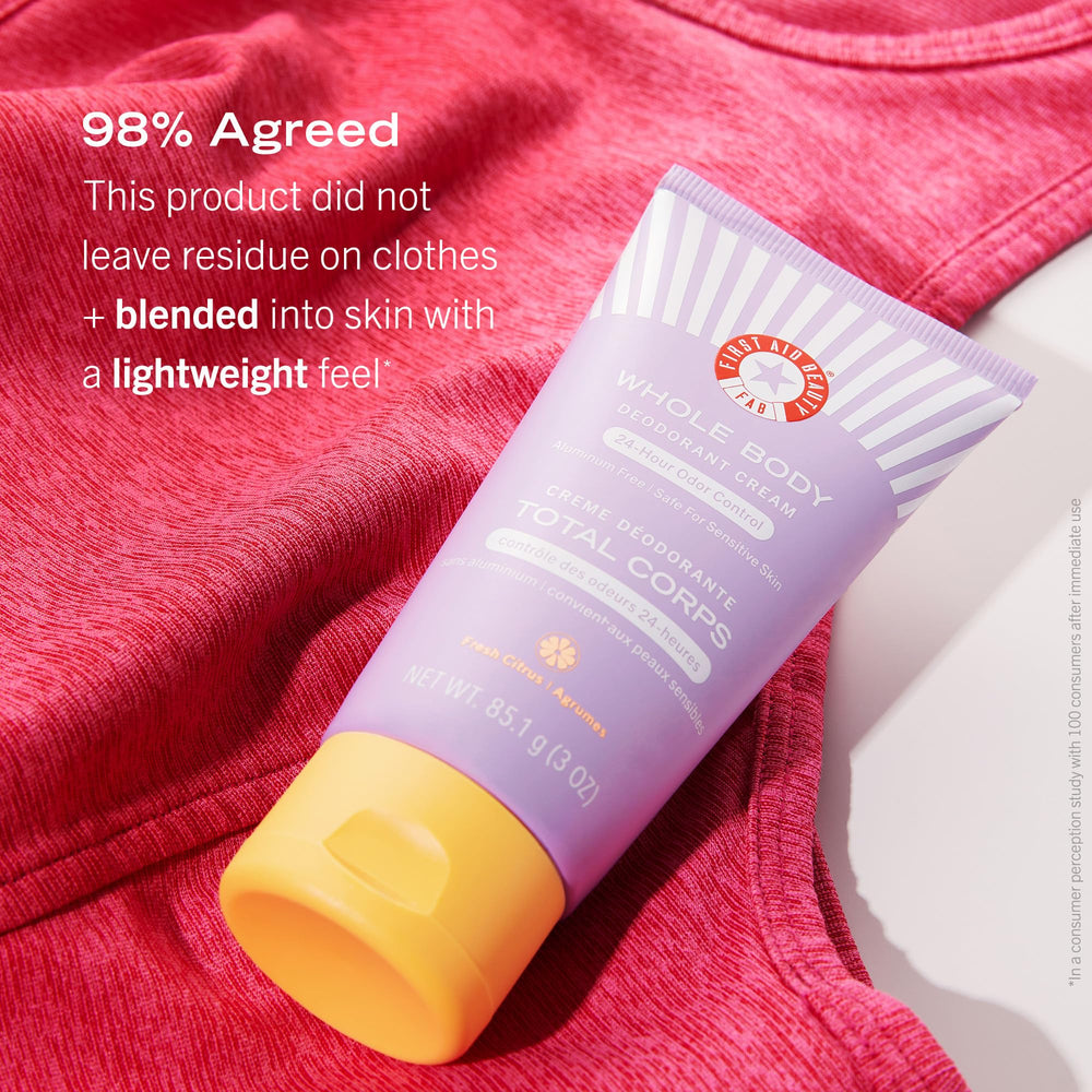 First Aid Beauty Whole Body Deodorant Cream near the private area for gentle odor control.
