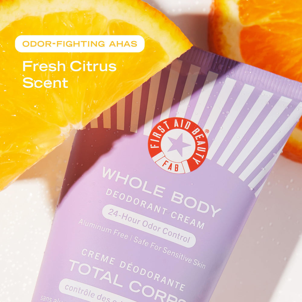 First Aid Beauty Whole Body Deodorant Cream beneath the underboobs for fresh confidence.