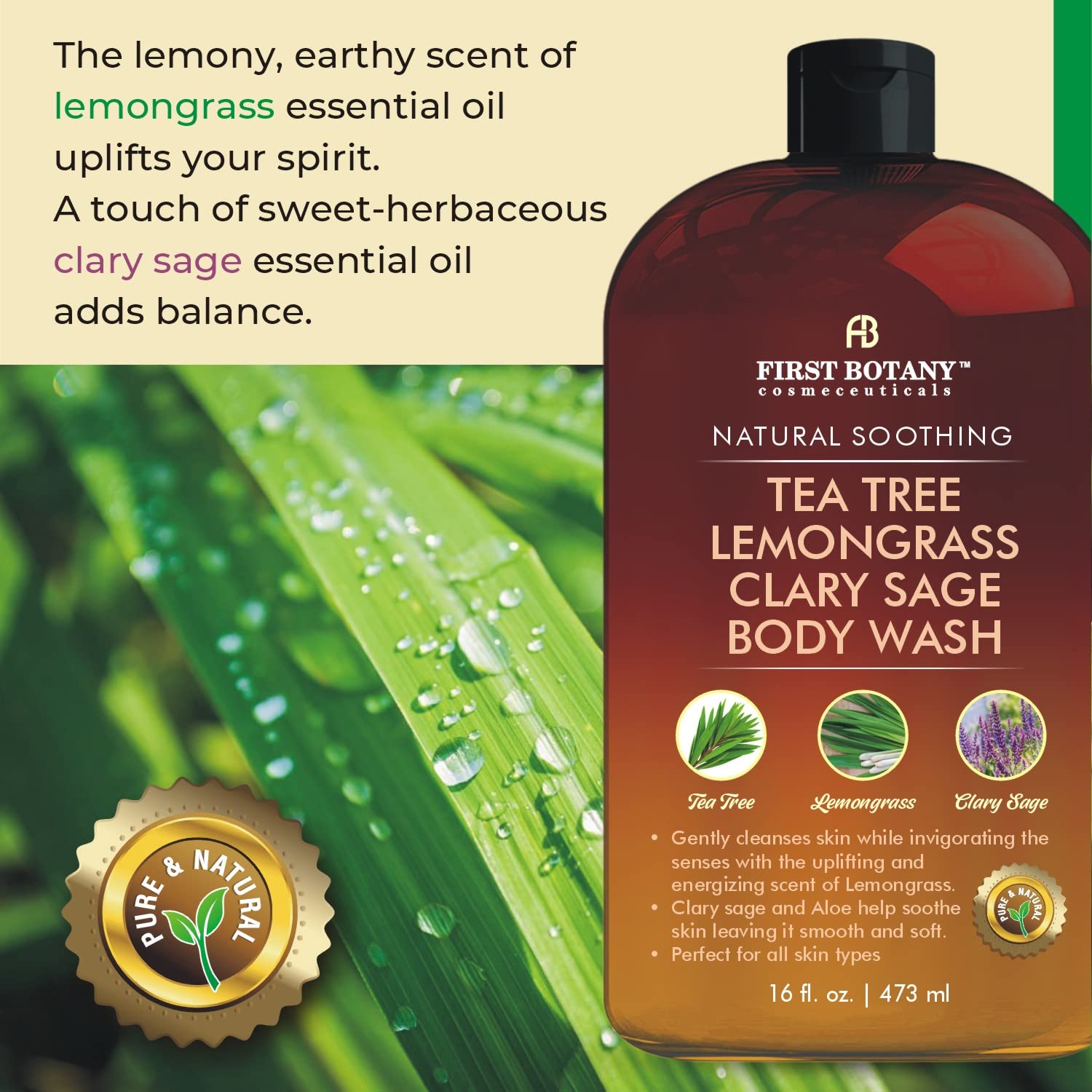 First Botany All Natural Body Wash after-workout foam signals refreshing cleanse.