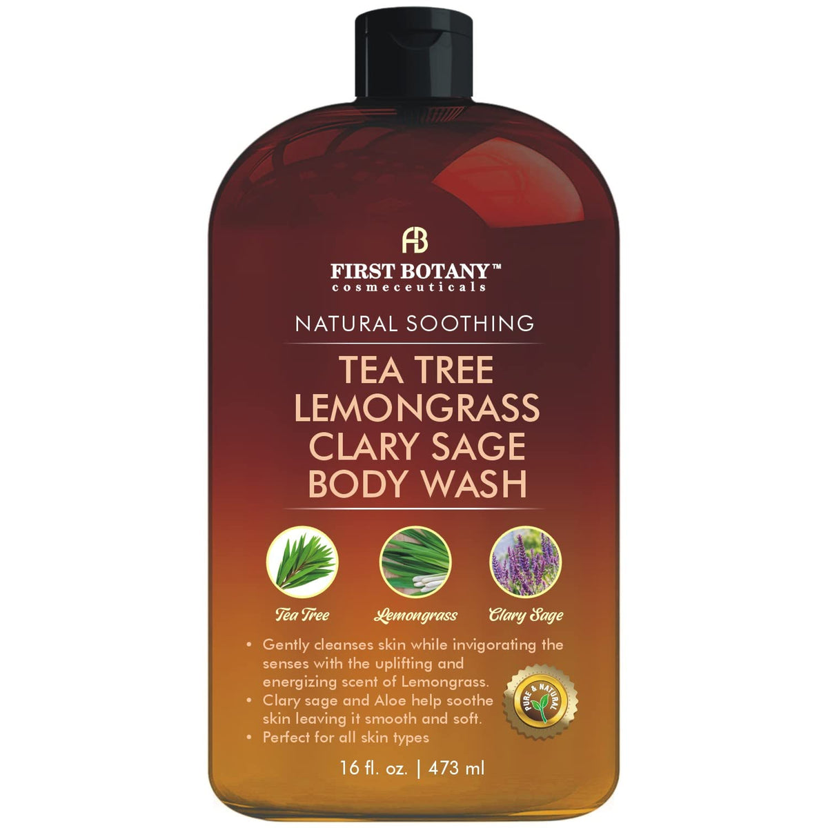 First Botany All Natural Body Wash bottle front highlights tea tree blend for a fresh feel.