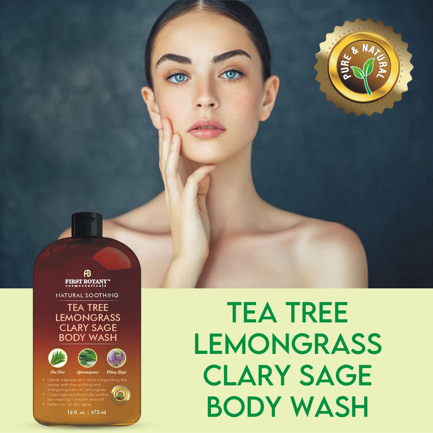 First Botany All Natural Body Wash bottle pour demonstrates rapid lather with lemongrass aroma.