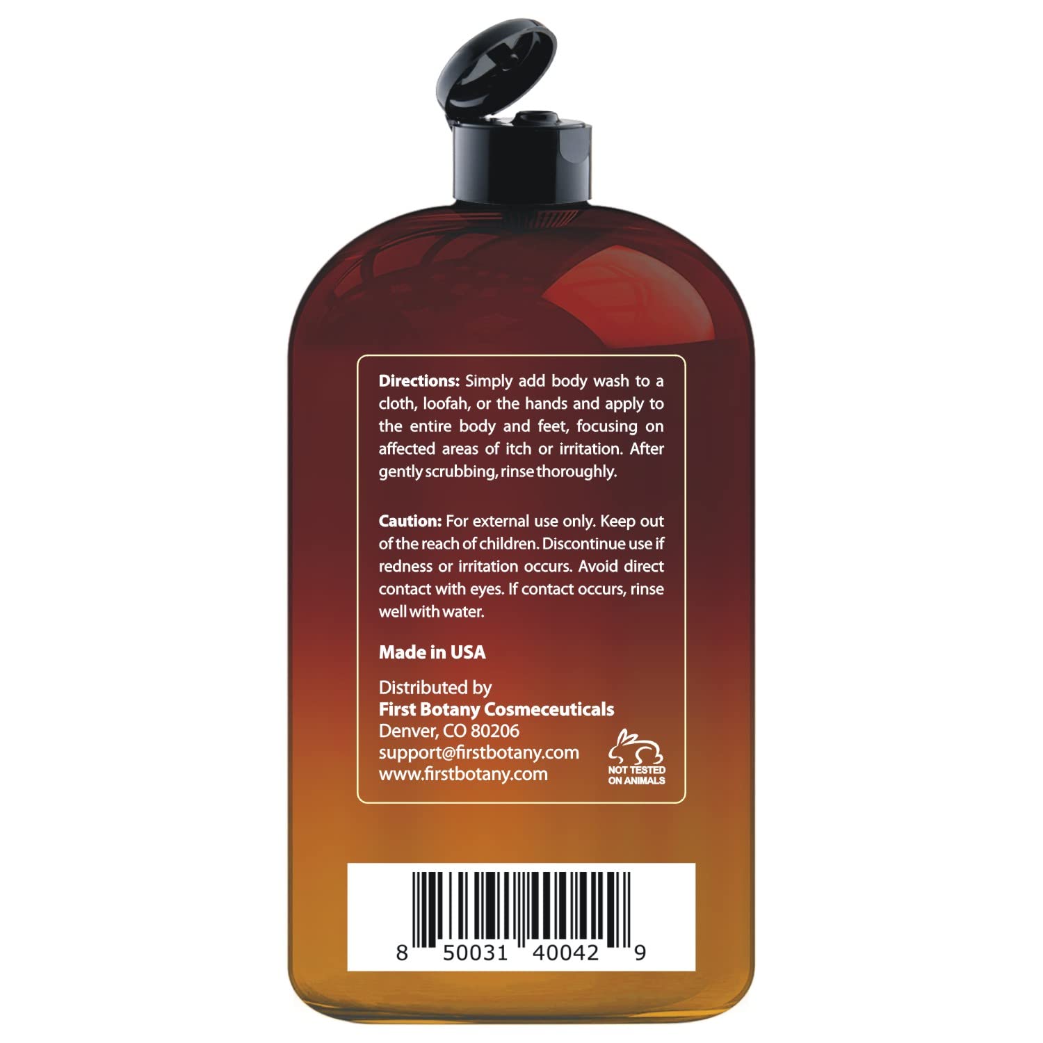 First Botany All Natural Body Wash packaging close-up highlights natural ingredients.