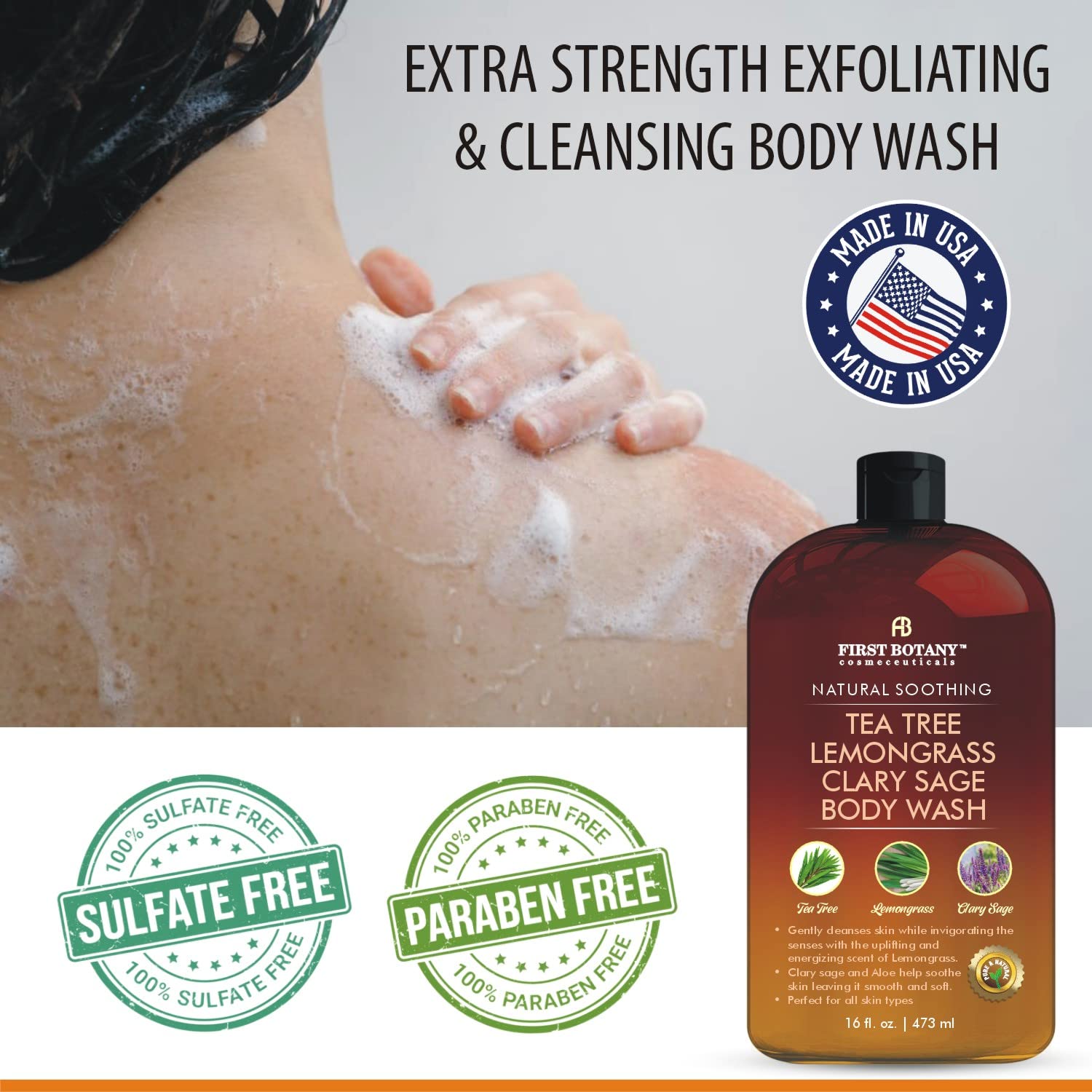 First Botany All Natural Body Wash shower shelf display with versatile use.